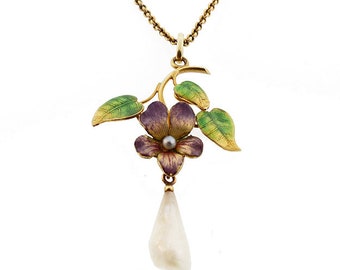 Art Nouveau Enameled Violet Pearl & 14K Gold Pendant Necklace