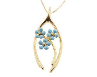 Art Nouveau Enameled Flower & Good Luck Wishbone 14K Gold Pendant