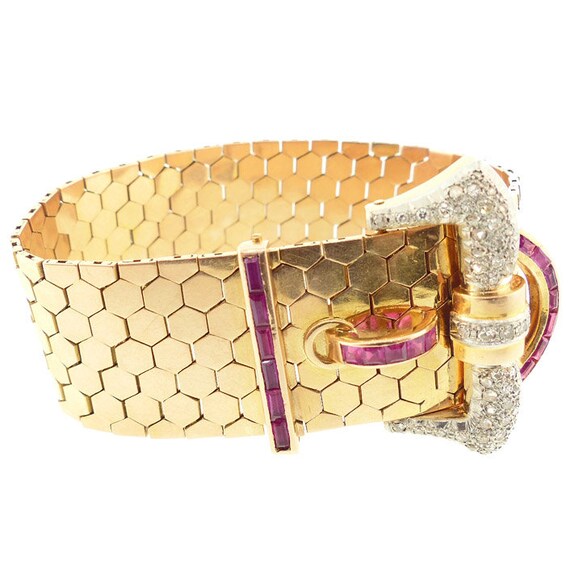 Retro 18K Gold, Platinum, Diamond & Ruby Buckle B… - image 3