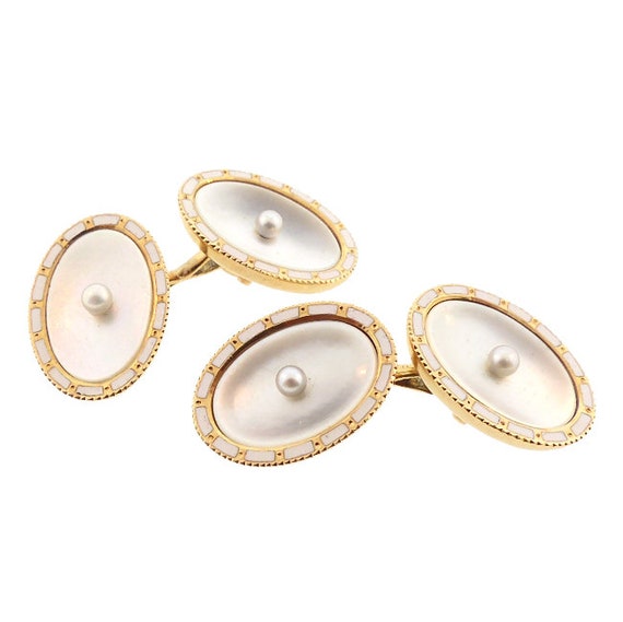 Edwardian 14K Gold Mother of Pearl Pearl & Enamel Cufflinks by Larter