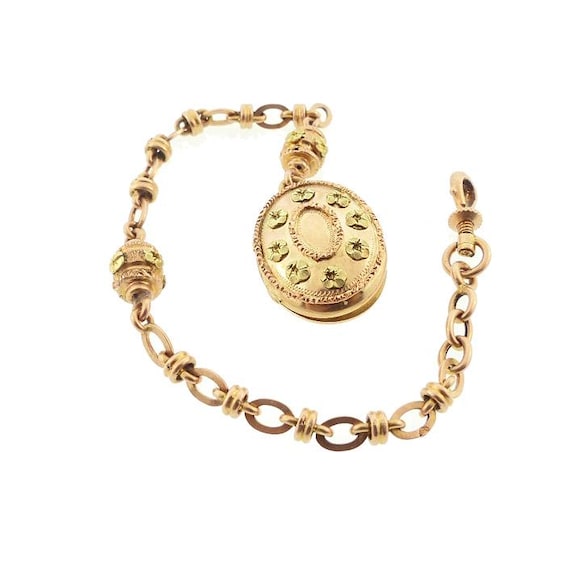 French Victorian 18K Colored Gold Miniature Locket Watch Fob & Chain