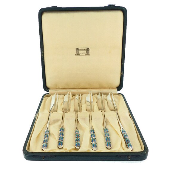 Boxed Set Liberty & Co. Sterling Silver Bernard Cuzner Enameled Pastry Forks