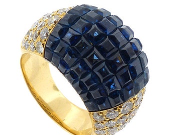 18K Platinum Diamond Sapphire Mystery-Set Bombe Ring