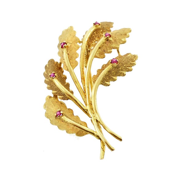 Mid-Century 14K Gold & Ruby Leaf Brooch