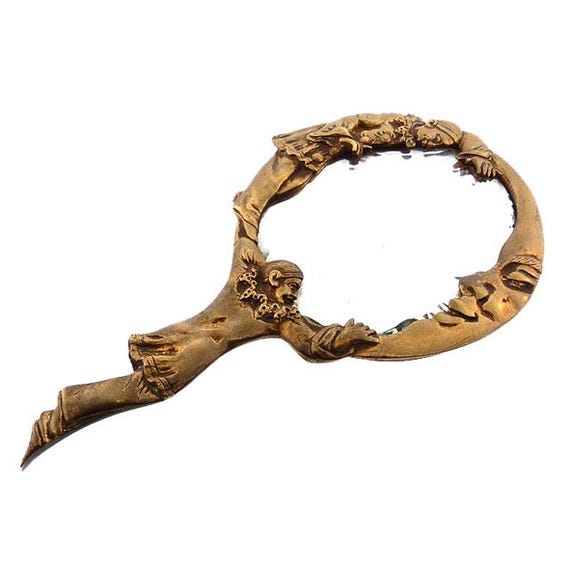Art Nouveau French Bronze Au Claire de la Lune Pierrot Hand Mirror