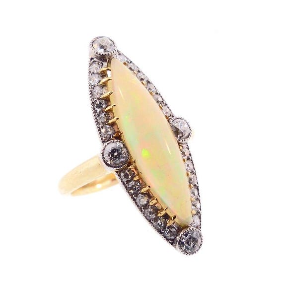 French Edwardian 18K Gold, Platinum, Crystal Opal & Diamond Ring