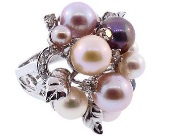 18K White Gold, Multicolored Pearl & Diamond Cocktail Ring