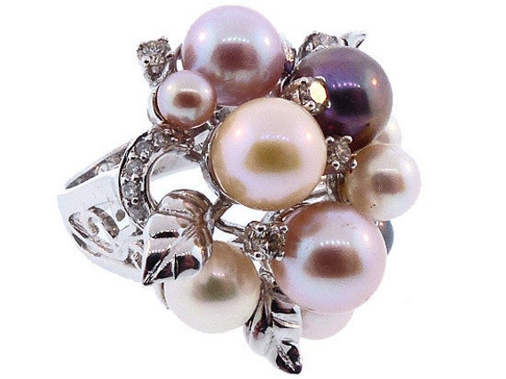 18K White Gold, Multicolored Pearl & Diamond Cocktail Ring