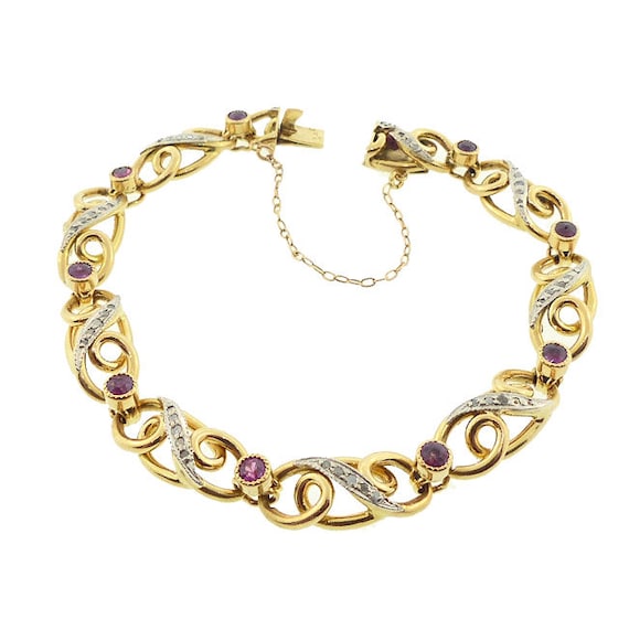 French Edwardian 18K Gold, Platinum, Diamond Ruby Fancy Link Bracelet