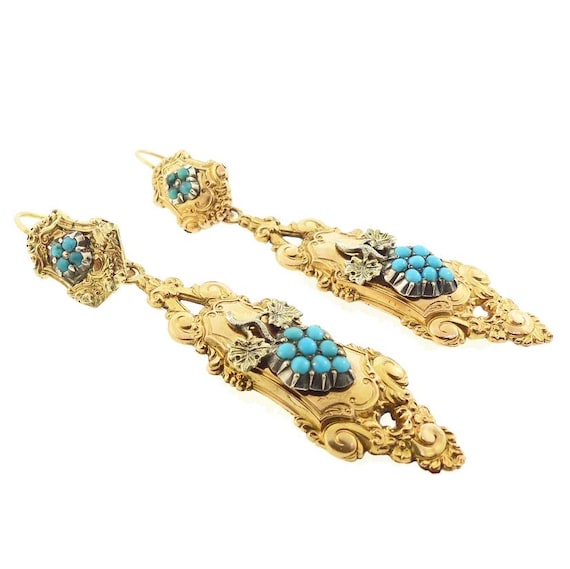 French Georgian Charles X 18K Gold, Turquoise & Pearl Day/Night Earrings