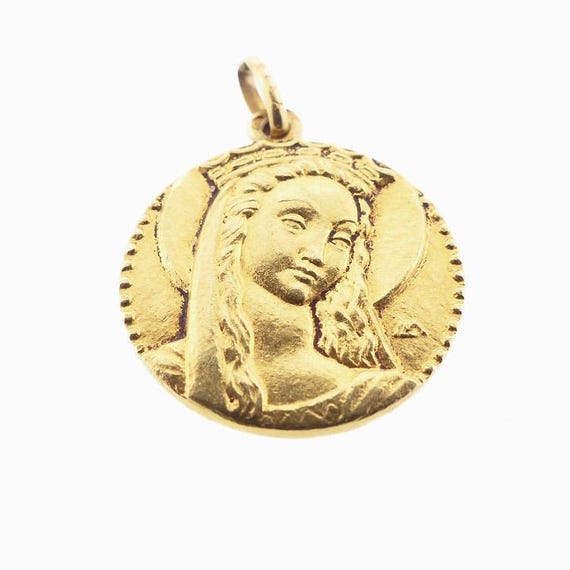 French 18K Gold Arthus Bertrand Crowned Virgin Mary Baptism Medal