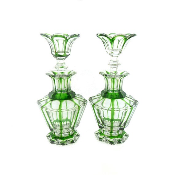 Saint Louis Green Overlay Cased & Cut Glass Perfume Bottles