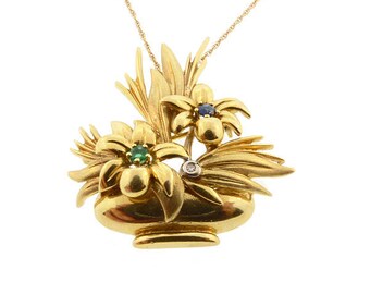 Retro 18K Gold, DIamond, Emerald & Sapphire Flower Basket Pendant