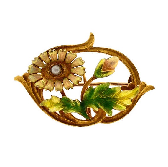 Art Nouveau 14K Gold, Enamel & Pearl Daisy Pin