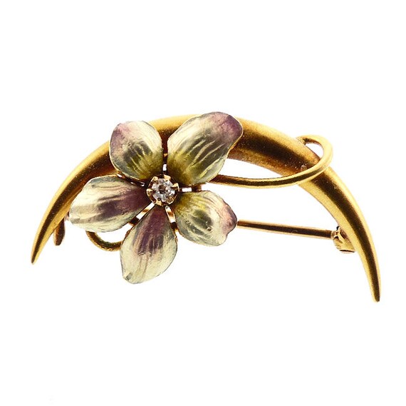 Art Nouveau 14K Gold, Enamel & Diamond Floral Hon… - image 2