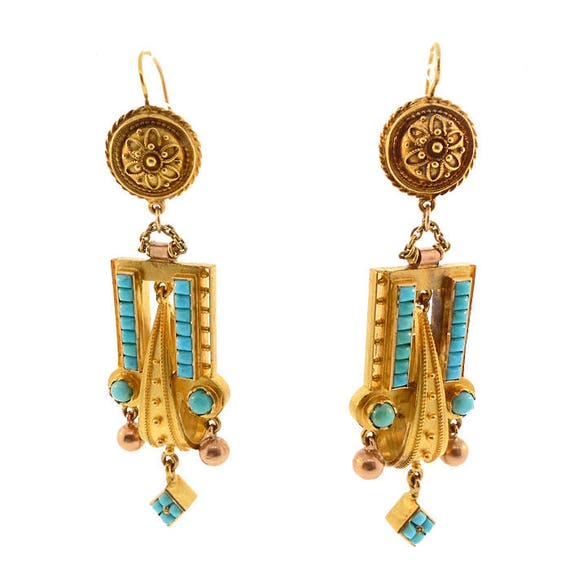 Victorian Etruscan Revival 14K Gold Turquoise Ear… - image 2