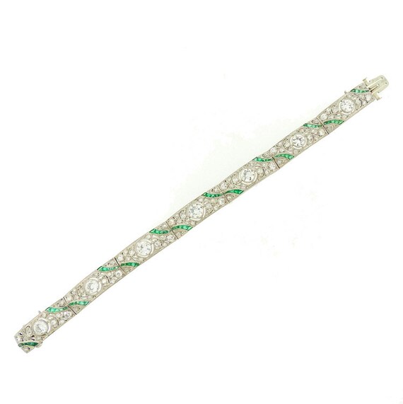 French Art Deco Platinum, Diamond & Emerald Brace… - image 5