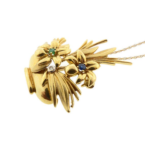 Retro 18K Gold, DIamond, Emerald & Sapphire Flowe… - image 4