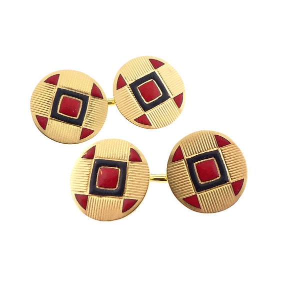 French Art Deco 18K Gold & Enamel Double-Sided Cufflinks