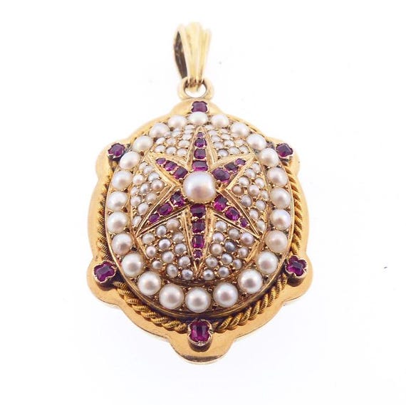 French Victorian 18K Gold, Ruby & Pearl Locket