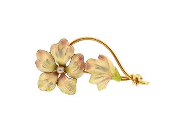 Art Nouveau 14K Gold, Enamel & Seed Pearl Flower Pin