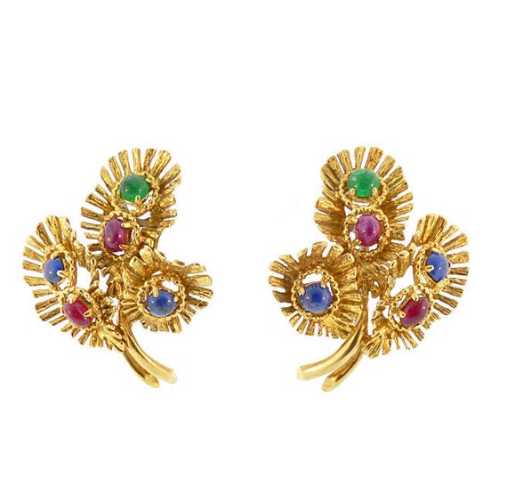 18K Gold, Ruby, Sapphire & Emerald Cabochon Earrings