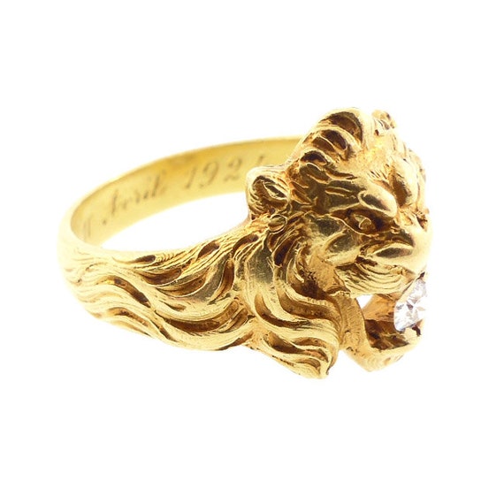 Art Nouveau 18K Gold & Diamond Gentleman’s Lion R… - image 3