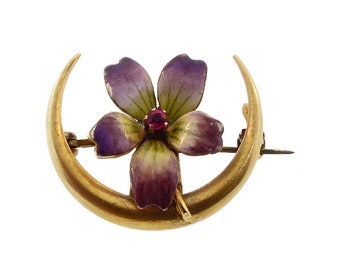 Art Nouveau 14K Gold, Enamel & Ruby Violet Honeymoon Pin