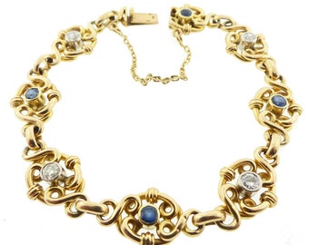 French Art Nouveau 18K Gold, Diamond & Sapphire Fancy Link Bracelet