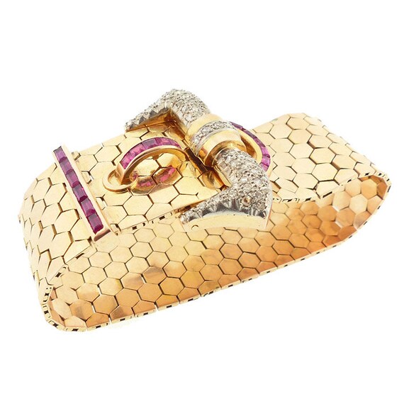 Retro 18K Gold, Platinum, Diamond & Ruby Buckle B… - image 6