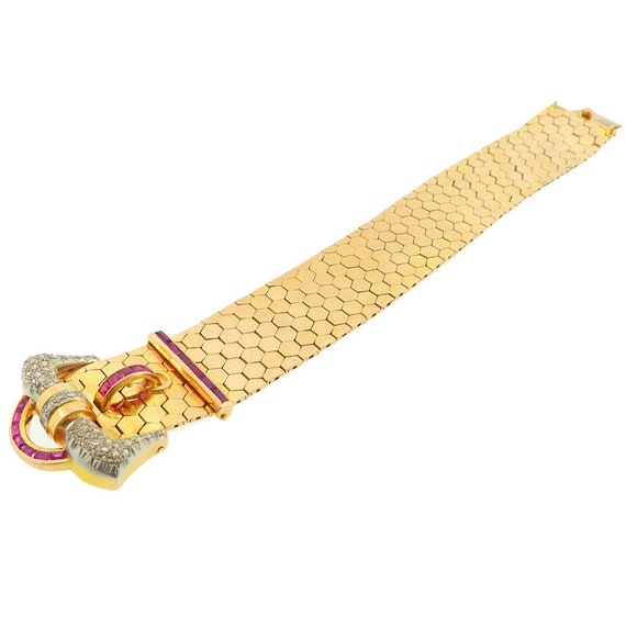 Retro 18K Gold, Platinum, Diamond & Ruby Buckle B… - image 2