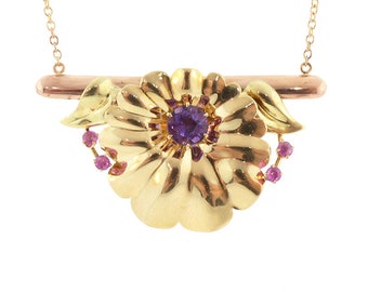 Retro 14K Rose & Yellow Gold, Amethyst, Ruby Pendant Necklace