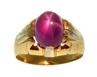 18K Gold Star Ruby Ring | Men's Star Ruby Ring | Retro Ruby Ring | July Birthstone Ring