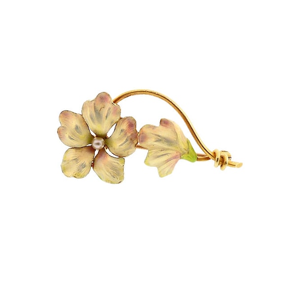 Art Nouveau 14K Gold, Enamel & Seed Pearl Flower Pin