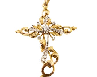 Art Nouveau 18K Gold, Platinum & Diamond Cross Pendant
