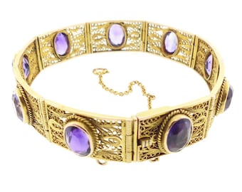 Edwardian 14K Gold Filigree & Amethyst Bracelet