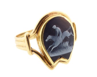 Victorian 18K Gold Onyx Cameo Equestrian Steeplechase Gentleman’s Ring