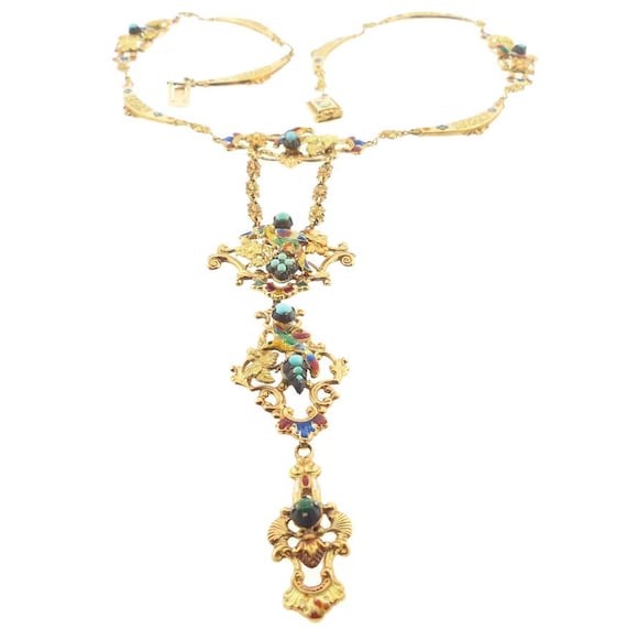 Early French Renaissance Revival 18K Gold, Enamel Parrot Necklace