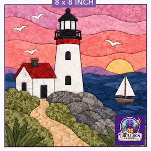 May include: A square 20.32 x 20.32 cm fabric art piece depicting a lighthouse with a red roof, a white tower, and a black lantern room. The scene includes a sailboat on blue water, a yellow sun, green foliage, a tan path, and white birds against a pink sky.