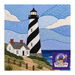 May include: A fabric quilt pattern featuring a black and white spiral-striped lighthouse next to a white house with red chimneys. The scene includes a blue sky with white clouds, a grassy hill with a rope fence, and a blue sea. Turtle Sign Designs logo.