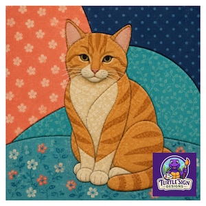 Puede incluir: Un bloque de edredón de tela con un gato atigrado naranja sentado. El gato tiene el pecho de color crema y rayas de color naranja oscuro. El fondo consta de secciones de tela curvas en coral con flores blancas, azul oscuro con puntos y verde azulado con patrones florales. Un logotipo morado con una tortuga y el texto Turtle Sign Designs se encuentra en la esquina.