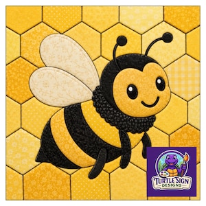 Puede incluir: Una aplicación de tela de una abeja de dibujos animados con rayas negras y amarillas, un cuello negro texturizado y alas color crema con un patrón floral, sobre un fondo de panal amarillo. Un logotipo morado con una tortuga y texto está presente.