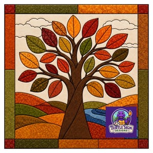 Puede incluir: Un bloque de edredón cuadrado de tela que presenta un árbol de otoño con tronco y ramas marrones, rodeado de hojas multicolores en tonos rojos, naranjas, amarillos y verdes. El fondo muestra colinas, un arroyo azul y nubes.