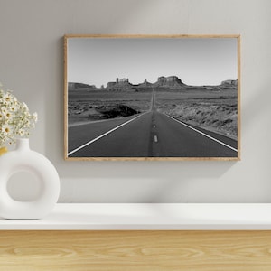 Monument Valley Photo Print: Desert Road Landscape - Black and White