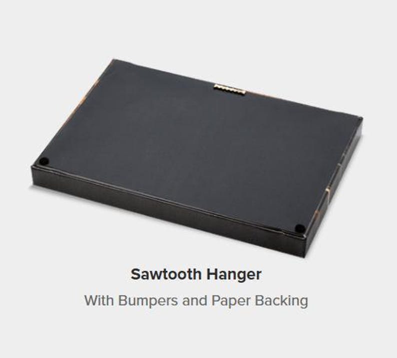 A black rectangular object with a metal hook on the top, labeled as a "Sawtooth Hanger" with "With Bumpers and Paper Backing".