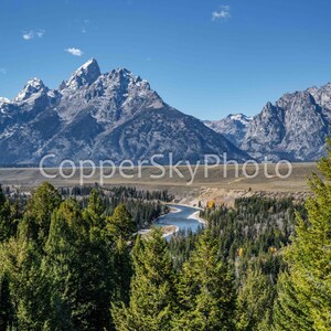 Großartiger Teton Nationalpark, Schlangen-Fluss übersehen, Jackson Hole Wyoming, sonnige Tagesberge, zerklüftete Bergspitzen, fließender Fluss