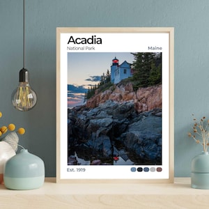 Acadia Real Photo Travel Poster, Maine Travel Art, Lighthouse On Cliff, National Park Wall Decor, Bar Harbor Gift, Scenic Landscape Print
