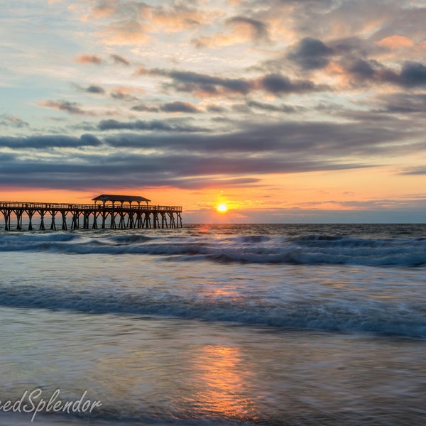 South Carolina wall art, Myrtle Beach landscape photography, Fine art prints  , Tranquil sunrise the beach, Fishing pier at dawn