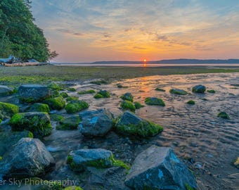 Estampado de playa de Dash Point: Atardecer costero con rocas cubiertas de musgo verde