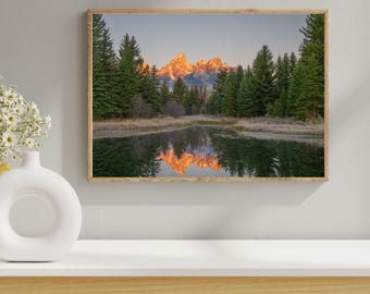 Grand Teton Alpen Glow, Mountain Reflection Artwork, Fine Art Landscape, National Park Wall Art, Archival Print, Calm Lake Scene